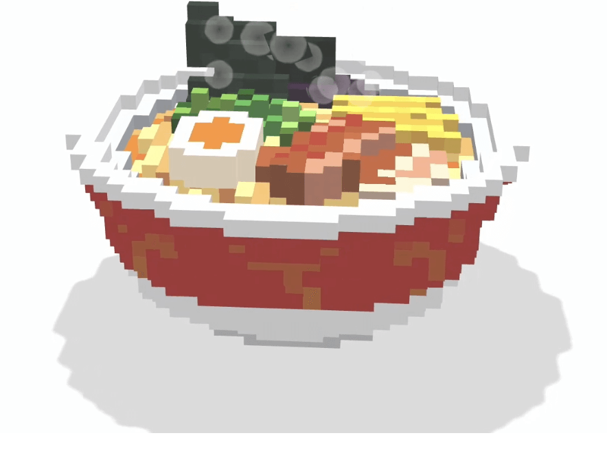 Voxsel art作品。赤い模様が入ったラーメンどんぶりにラーメンが入っている。海苔、玉子、ネギ、チャーシューが乗っている。湯気が立っている。